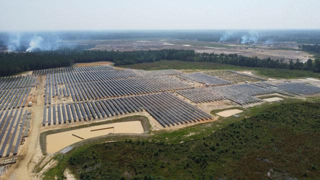 An array of solar panels in a field generating 175-megawatts